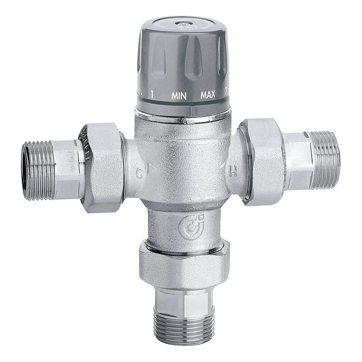 CALEFFİ Seri 521816 Çek valf ve filtreye sahip ayarlanabilir başlıklı termostatik karışım vanası.