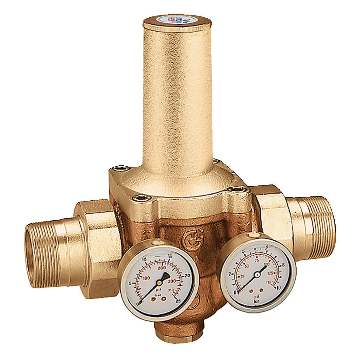 CALEFFİ Seri 5365 Değiştirilebilir kartuşlu basınç düşürücü vana. Rakorlu erkek bağlantılar. Çift basınç saati ile