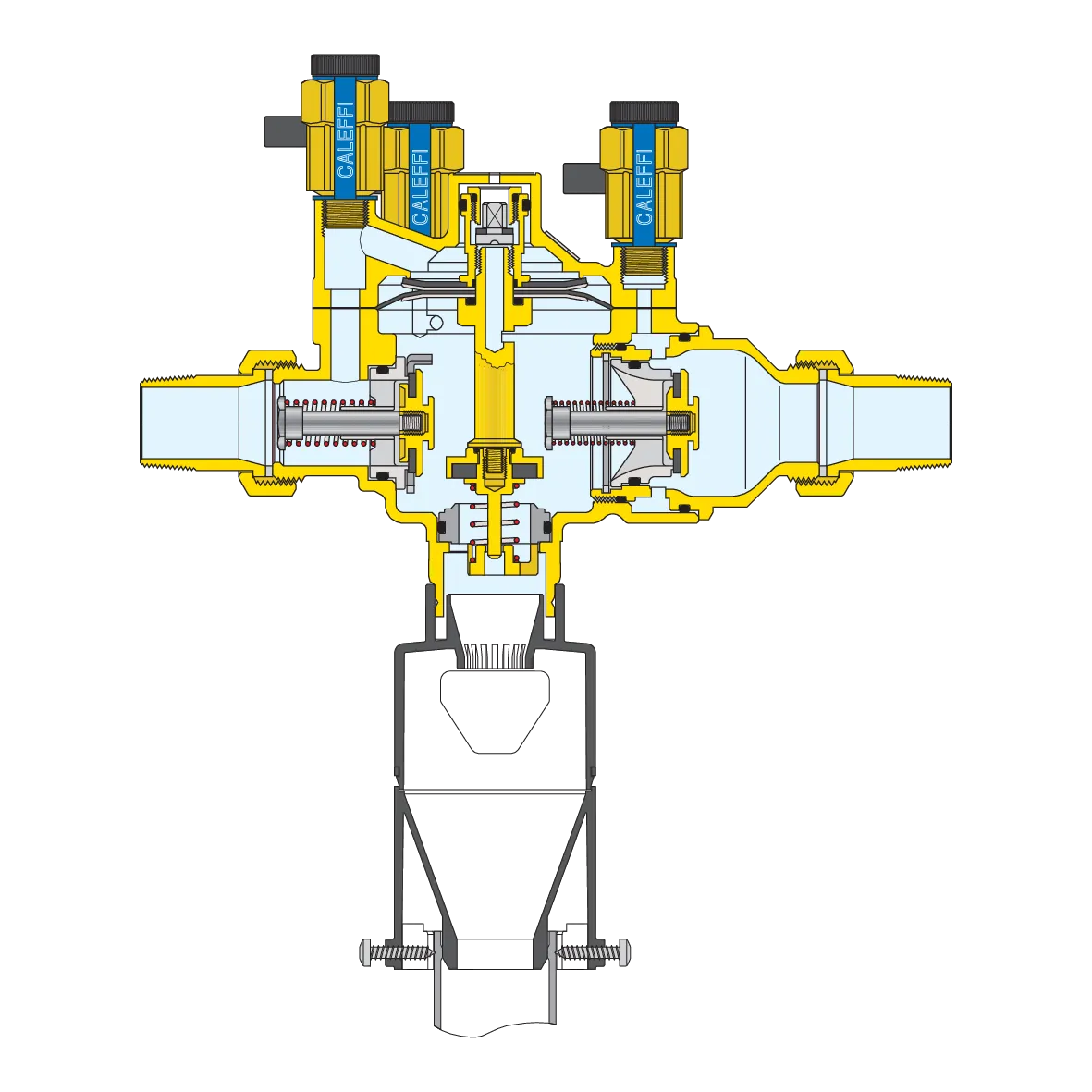 Seri 574 BA tip geri akış önleyicili, kesme vanalı ve Y tipi pislik tutuculu kompakt dolum seti.