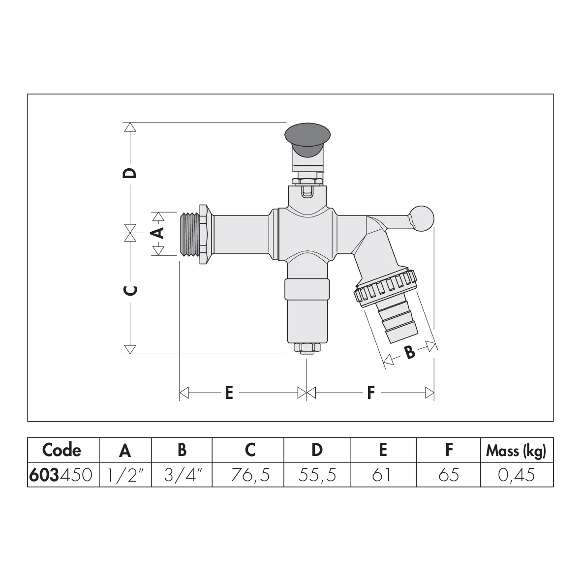 CALEFFİ Seri 603450 Küresel tip bahçe musluğu, anti-friz emniyet cihazı ile