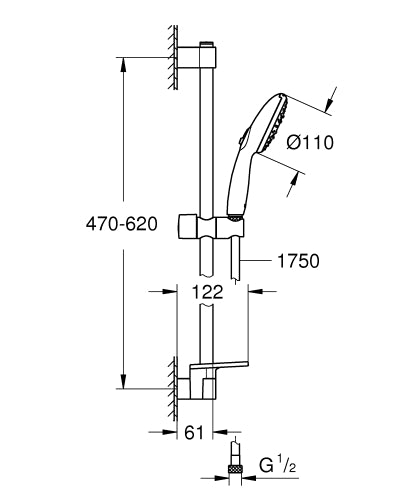 Tempesta 110 III shw rail set 600 +dish,28261 hand shower, 27523 shower rail 600 mm, 28154 Relexaflex hose 1750 mm, 26770 EasyReach tray, max 13.5Lt/min-3 bars-Grohe