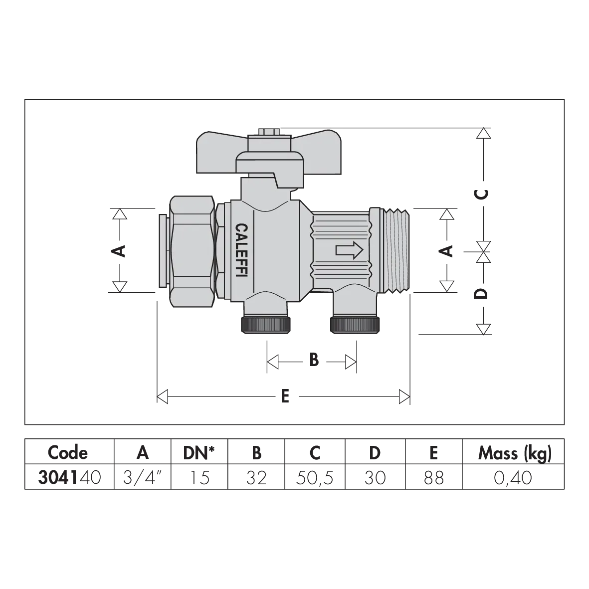 CALEFFİ Seri 304140 Sertifikalı entegre çek-valflı küresel vana, somun - erkek bağlantılar.