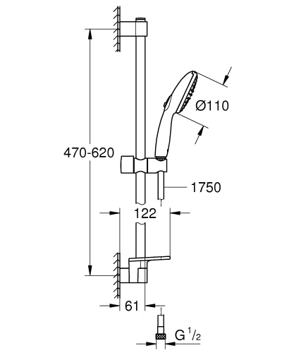Tempesta 110 II shw rail set 600 +dish, 27597 hand shower, 27523 shower rail 600 mm, 28154 Relexaflex hose 1750 mm, 26770 EasyReach tray, max 13.5Lt/min-3 bars-Grohe