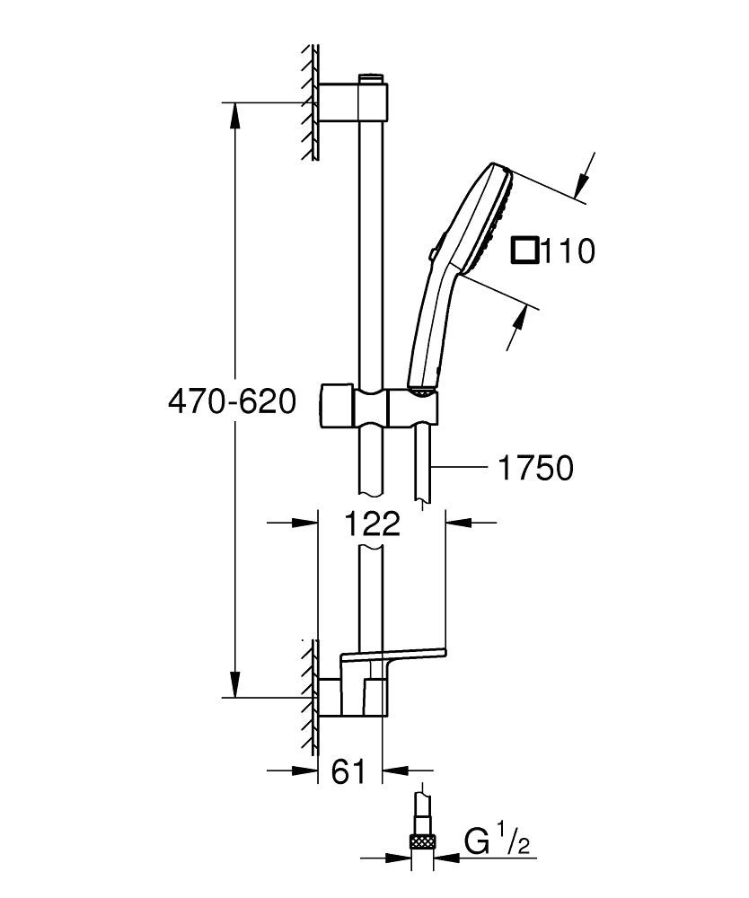 Tempesta Cube 110 III rail set 600 dish, 27572 hand shower,27523 shower rail 600 mm, 28154 Relexaflex hose 1750 mm, 26770 EasyReach tray, max 13.5Lt./min-3 bars-Grohe